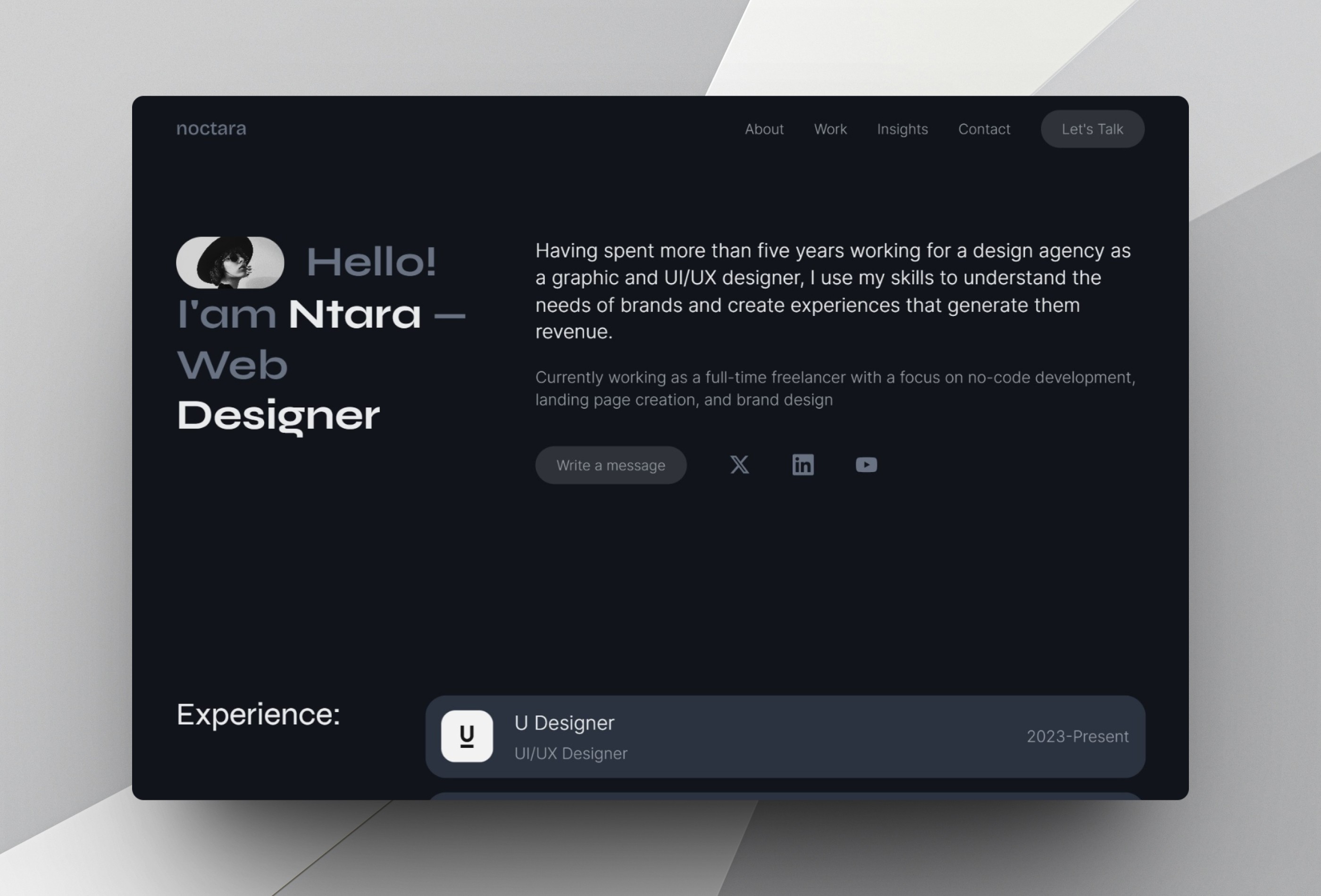 Screenshot 2 for noctara, a Framer Marketplace template by Tarun Anand.