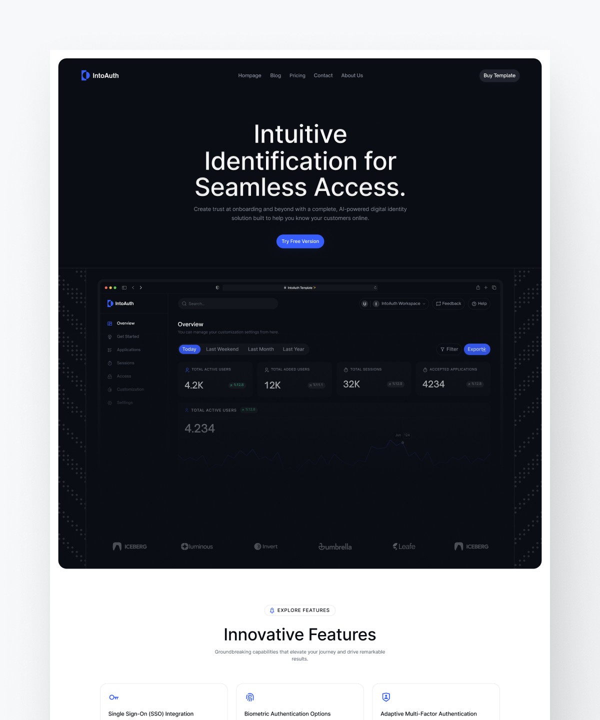 Screenshot 1 for IntoAuth, a Framer Marketplace template by Umutcan Eyriyer.