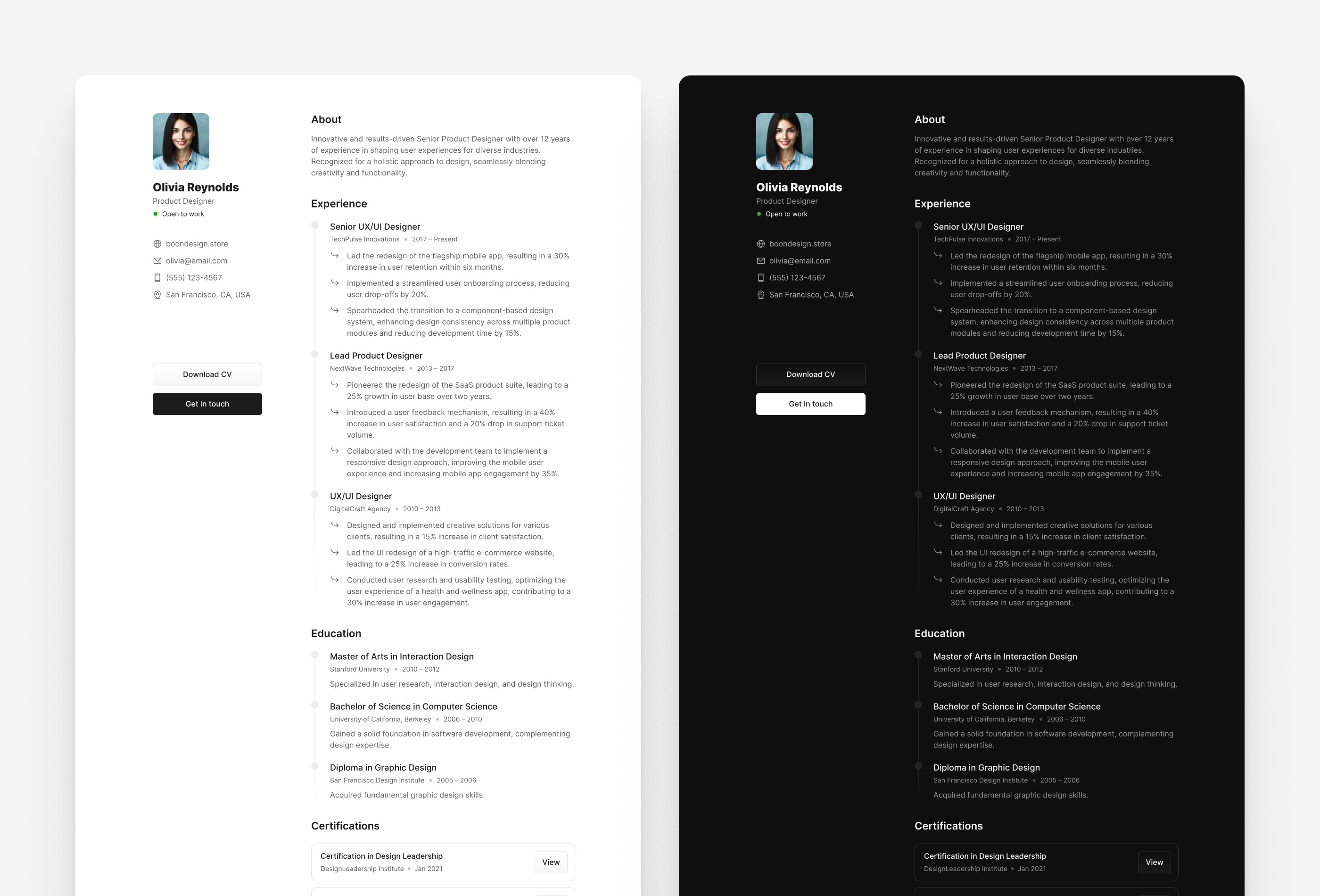 Screenshot 2 for CVictory, a Framer Marketplace template by Boon Design.