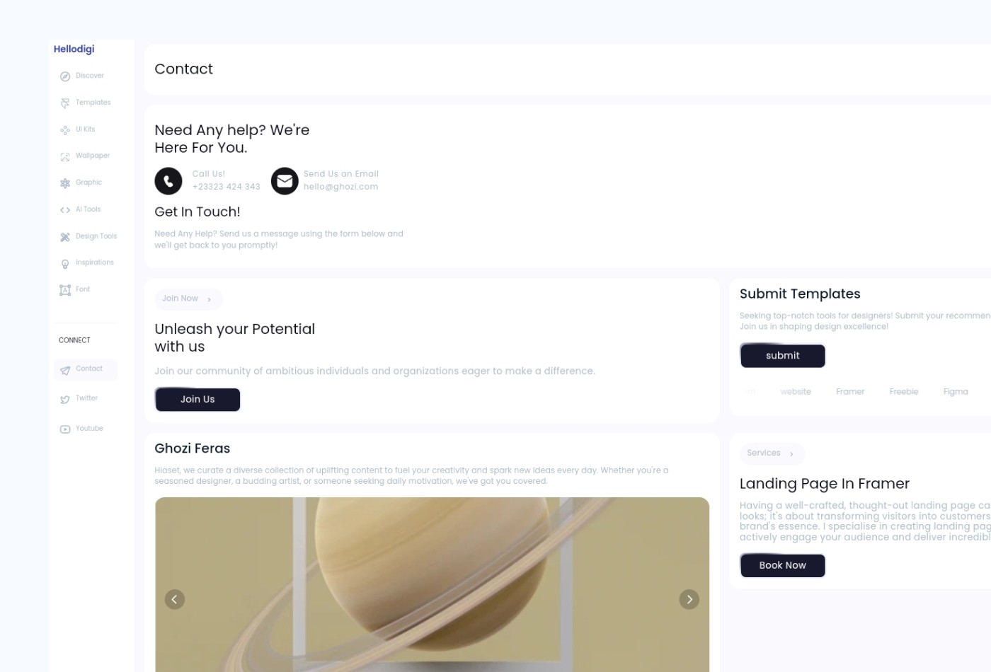 Screenshot 4 for Hellodigi, a Framer Marketplace template by Jodysaputra.