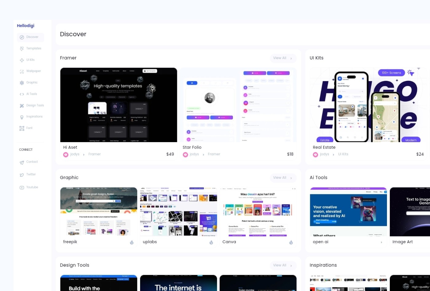 Screenshot 3 for Hellodigi, a Framer Marketplace template by Jodysaputra.