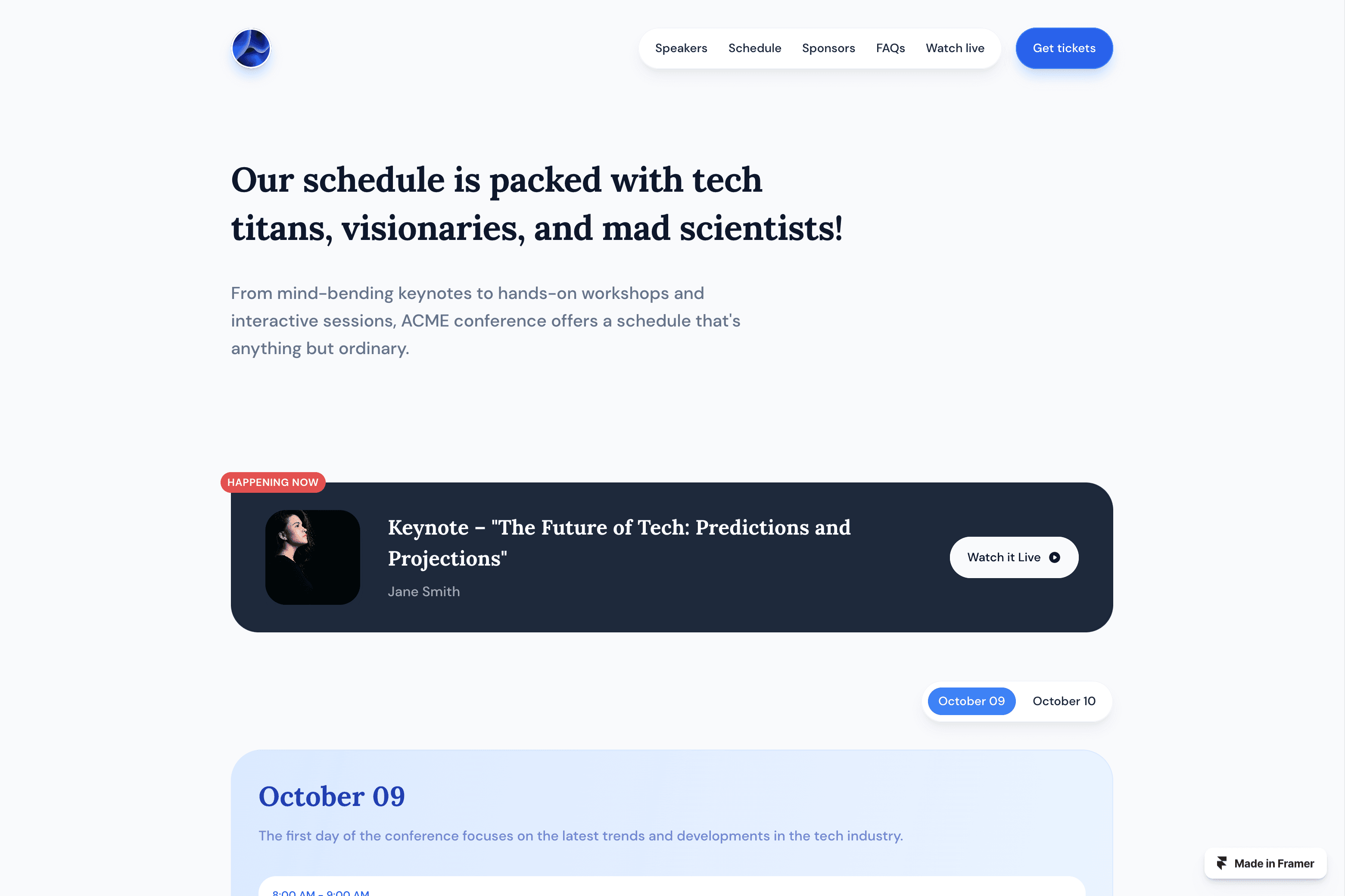 Screenshot 3 for ACME Conference, a Framer Marketplace template by Akash Hamirwasia.