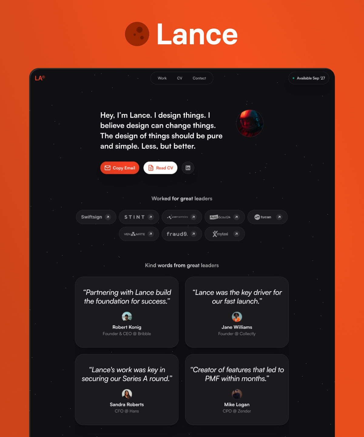 Screenshot 1 for Lance, a Framer Marketplace template by Alexander Michaelis.