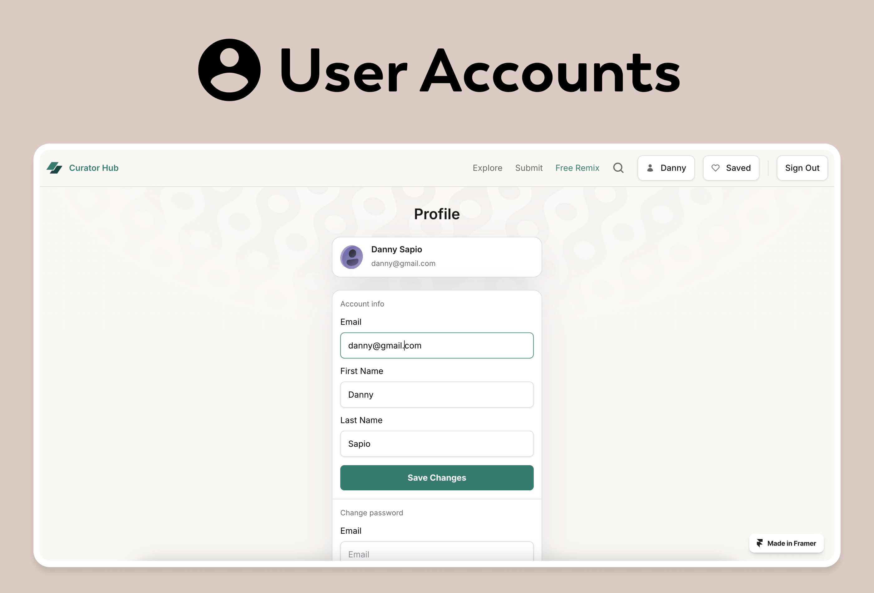 Screenshot 3 for Curator Hub, a Framer Marketplace template by Danny Sapio.