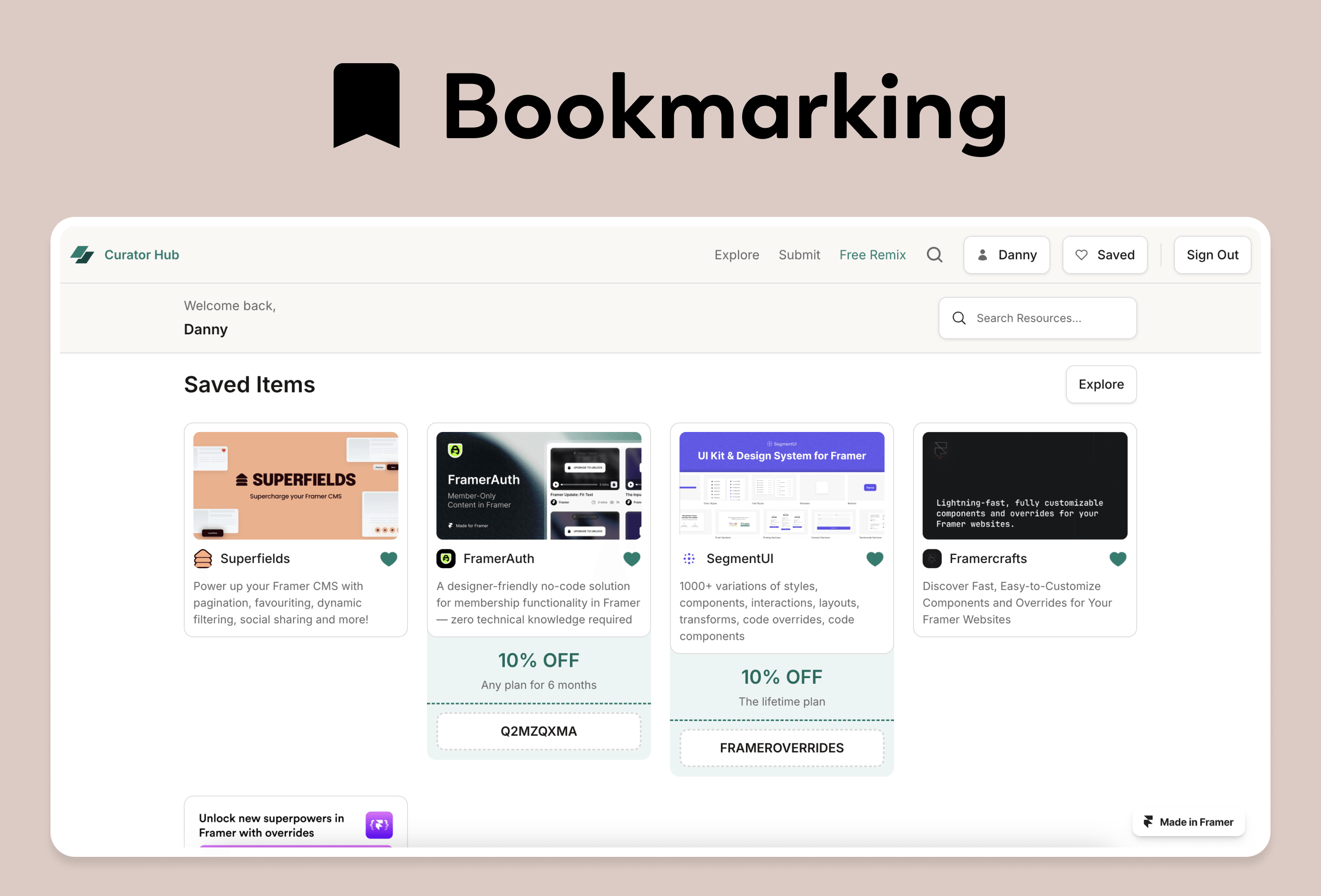 Screenshot 4 for Curator Hub, a Framer Marketplace template by Danny Sapio.